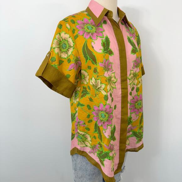ALEMAIS Winnie Floral Print Linen Shirt Button-Down Top Tangerine US 4 Oversized - Picture 6 of 10